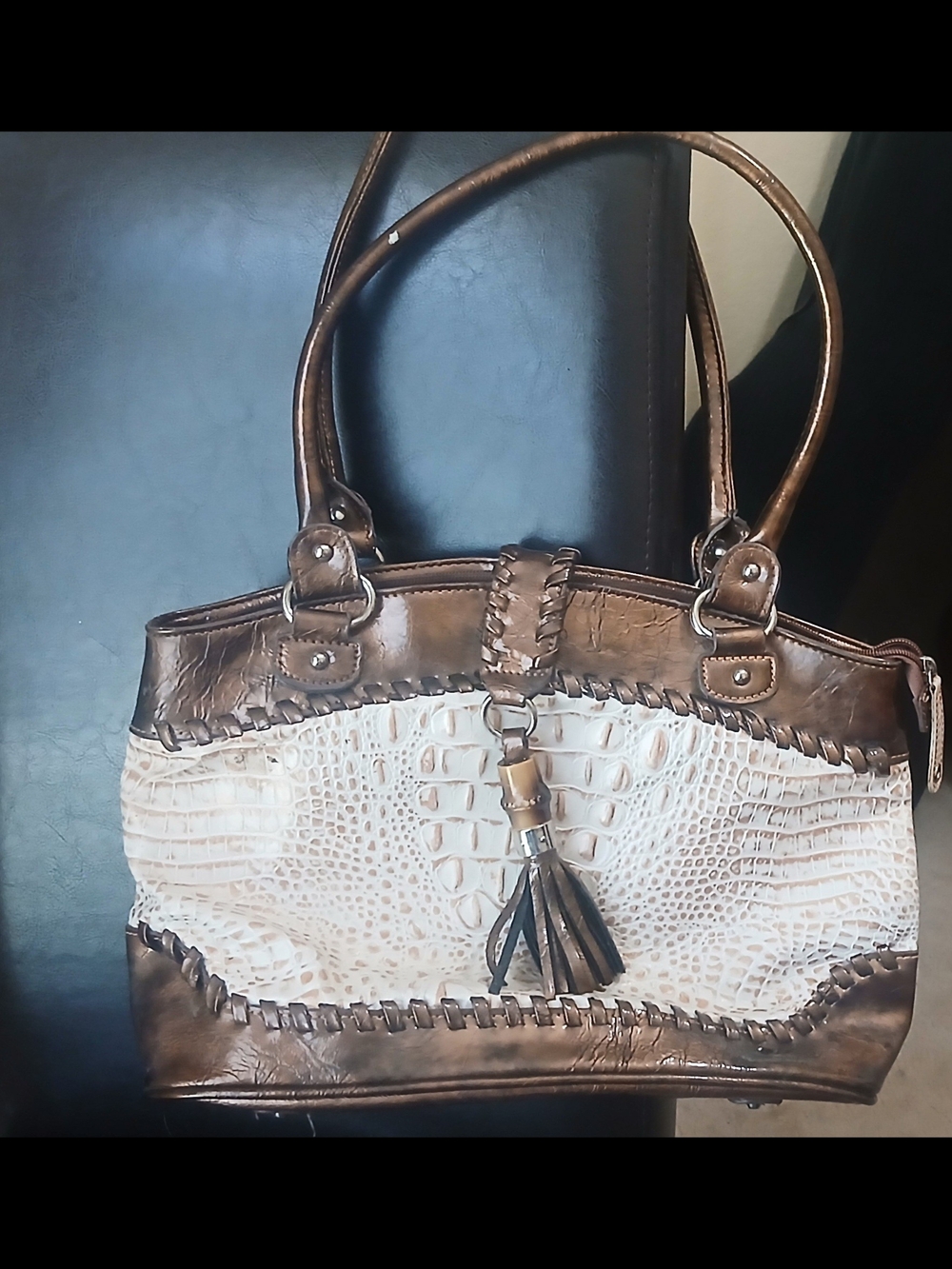 Neebelle Brown and Cream Croc-Embossed Shoulder Bag with Tassel Accent